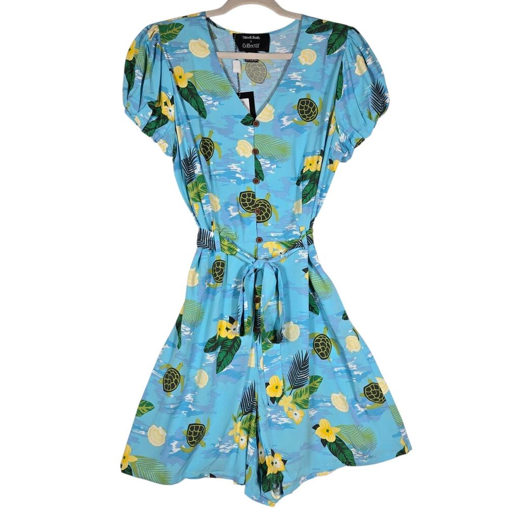ModCloth Collectif Mimma Romper 10 NEW Tropical Turtles Blue Hawaiian Playsuit - Picture 1 of 11